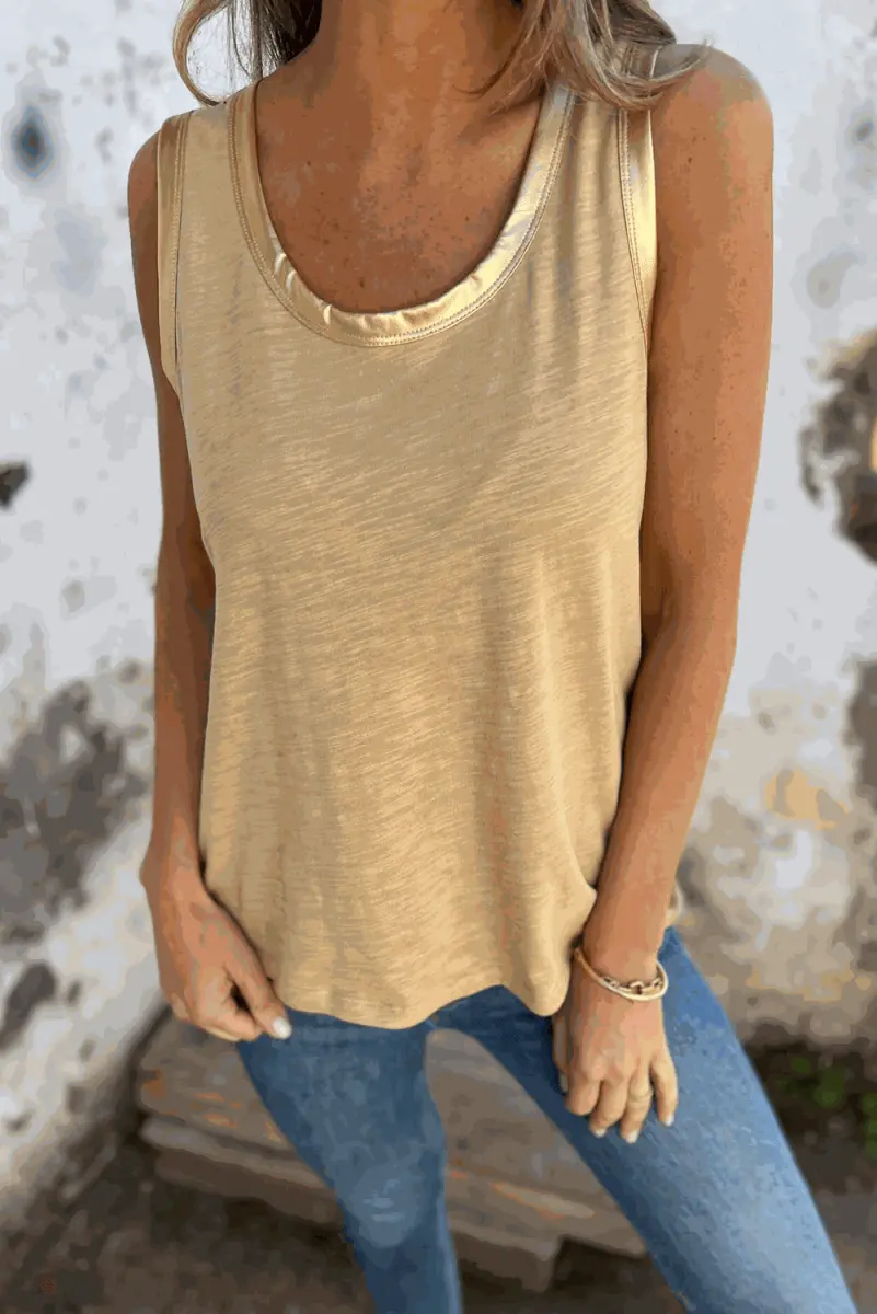 Tan Metallic Sheen Edge Scoop Neck Tank Top - Love Salve